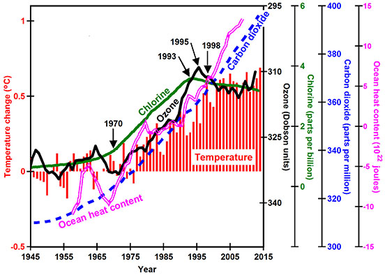The increase in tropospheric chlorine (green line), caused by manufacturing of chlorofluorocarbon gases, led to increased ozone depletion (black line), which led to increased temperature (red bars). Note how carbon dioxide concentrations continue to increase after 1998, while chlorine, ozone depletion, and temperatures all stopped increasing. Ocean heat content continues to increase because ozone remains depleted.
